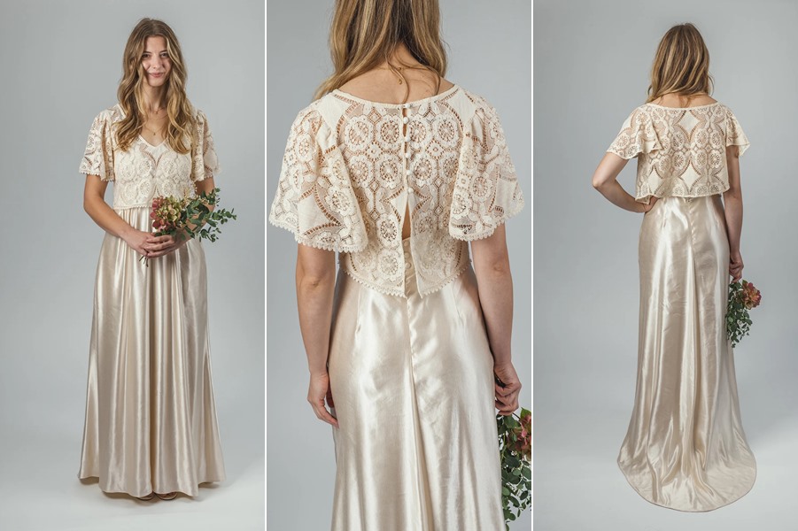 Zarah hemp-silk wedding dress with cotton lace shrug and top